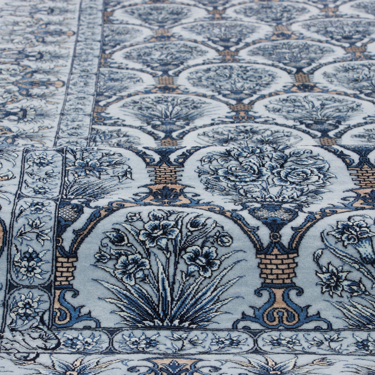 Qom Handmade Carpet by Seyed Morteza Mirmehdi, Allover, Silk, Grey, Runner, 80 × 310 cm — 1016942