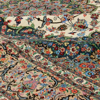 Handwoven Carpet, Corner Medallion Layout, All Silk, Kashan, 243 × 343 cm Ref 10800828