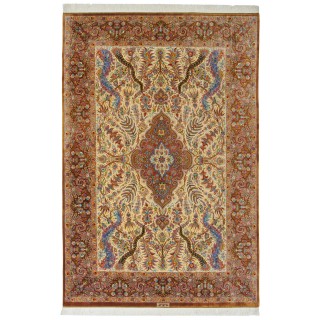 Handwoven Carpet, Corner Medallion Layout, All Silk, Qom, 203 × 305 cm Ref 10601050