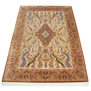 Handwoven Carpet, Corner Medallion Layout, All Silk, Qom, 203 × 305 cm Ref 10601050