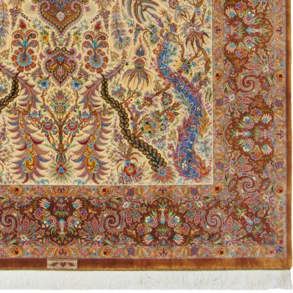 Handwoven Carpet, Corner Medallion Layout, All Silk, Qom, 203 × 305 cm Ref 10601050