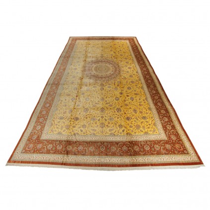 Handwoven Carpet, Medallion Layout, All Silk, Qom, 600 × 1000 cm Ref 16000773