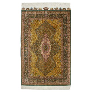 Handwoven Carpet, Medallion Layout, All Silk, Qom, 98 × 147 cm Ref 10101492