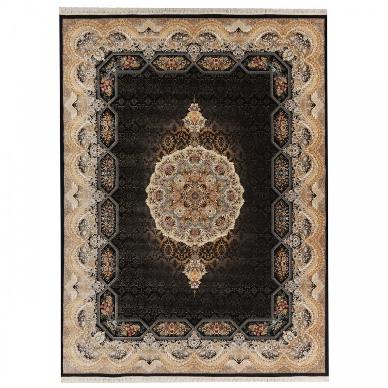 فرش ماشینی طرح ترنج دار گلدار، اکریلیک، سبک پارسی، کد 100001