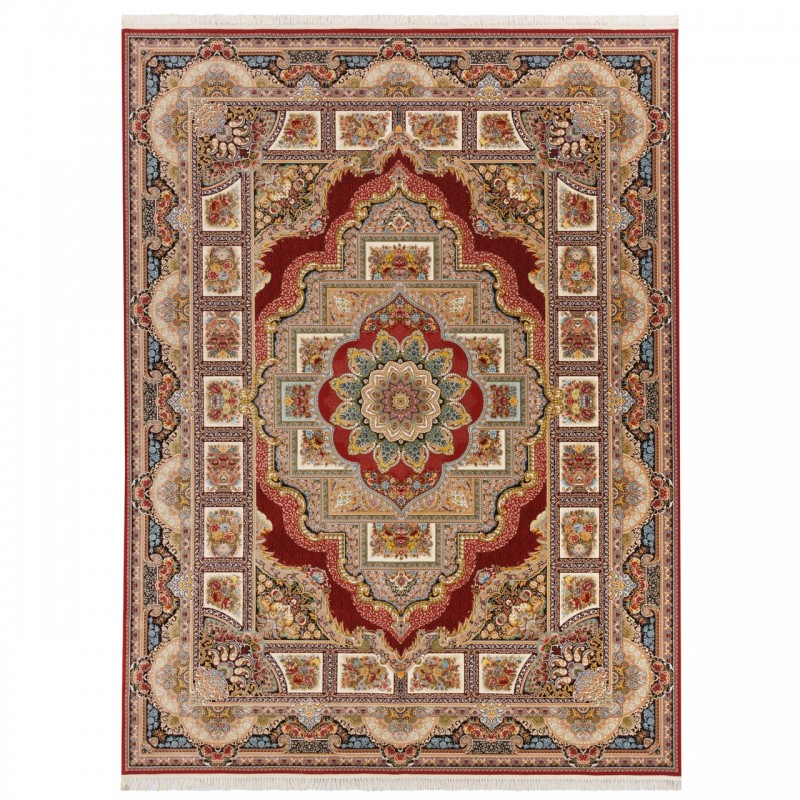 فرش ماشینی طرح لچک ترنج گلدار، اکریلیک، سبک پارسی، کد 100050