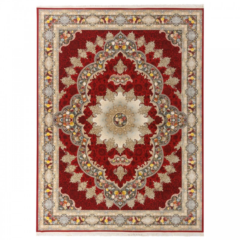 فرش ماشینی طرح لچک ترنج گلدار، اکریلیک، سبک پارسی، کد 100056