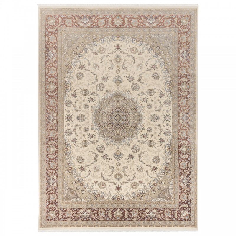 فرش ماشینی طرح لچک ترنج شاه عباسی، اکریلیک + ابریشم بامبو، سبک پارسی، کد 200039