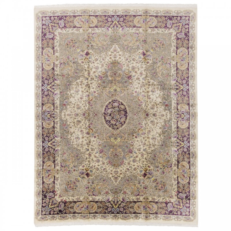 فرش ماشینی طرح لچک ترنج گلدار، اکریلیک + ابریشم بامبو، سبک پارسی، کد 200040