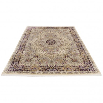 فرش ماشینی طرح لچک ترنج گلدار، اکریلیک + ابریشم بامبو، سبک پارسی، کد 200040