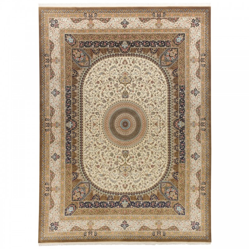 فرش ماشینی طرح لچک ترنج گلدار، اکریلیک + ابریشم بامبو، سبک پارسی، کد 200041