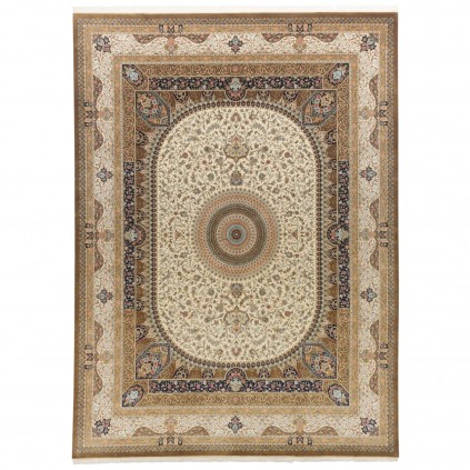 فرش ماشینی طرح لچک ترنج گلدار، اکریلیک + ابریشم بامبو، سبک پارسی، کد 200041