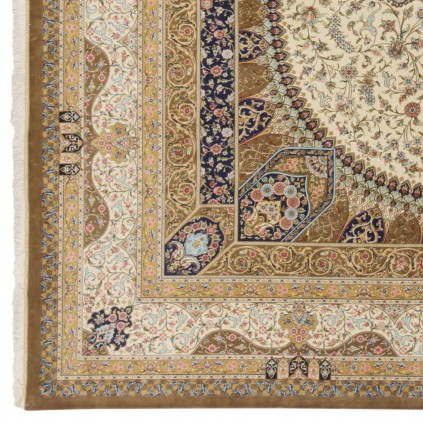 فرش ماشینی طرح لچک ترنج گلدار، اکریلیک + ابریشم بامبو، سبک پارسی، کد 200041