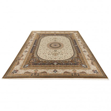 فرش ماشینی طرح لچک ترنج گلدار، اکریلیک + ابریشم بامبو، سبک پارسی، کد 200041