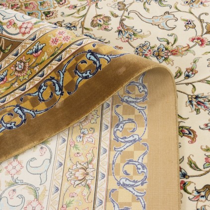 فرش ماشینی طرح لچک ترنج گلدار، اکریلیک + ابریشم بامبو، سبک پارسی، کد 200041