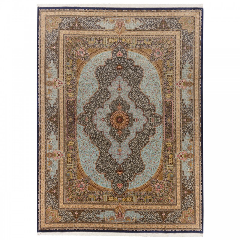 فرش ماشینی طرح لچک ترنج گلدار، اکریلیک + ابریشم بامبو، سبک پارسی، کد 200042