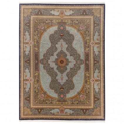 فرش ماشینی طرح لچک ترنج گلدار، اکریلیک + ابریشم بامبو، سبک پارسی، کد 200042