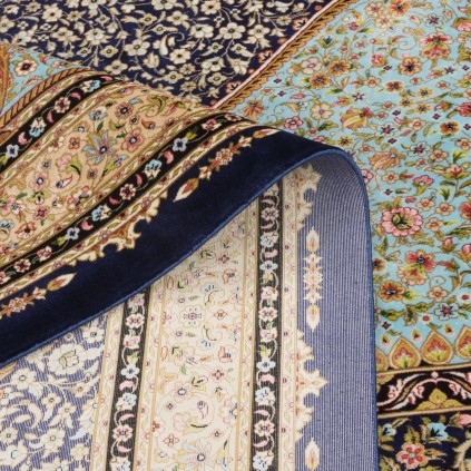 فرش ماشینی طرح لچک ترنج گلدار، اکریلیک + ابریشم بامبو، سبک پارسی، کد 200042