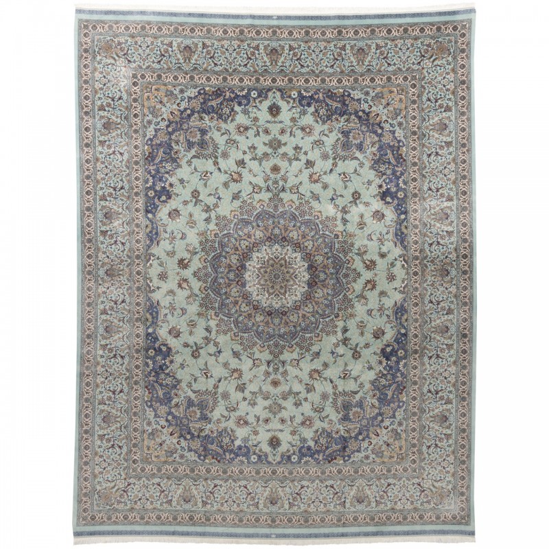 فرش ماشینی طرح لچک ترنج گلدار، اکریلیک + ابریشم بامبو، سبک پارسی، کد 200044