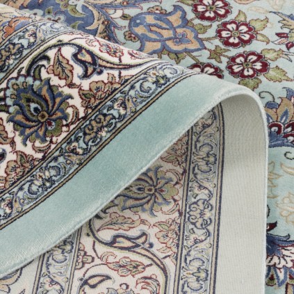 فرش ماشینی طرح لچک ترنج گلدار، اکریلیک + ابریشم بامبو، سبک پارسی، کد 200044