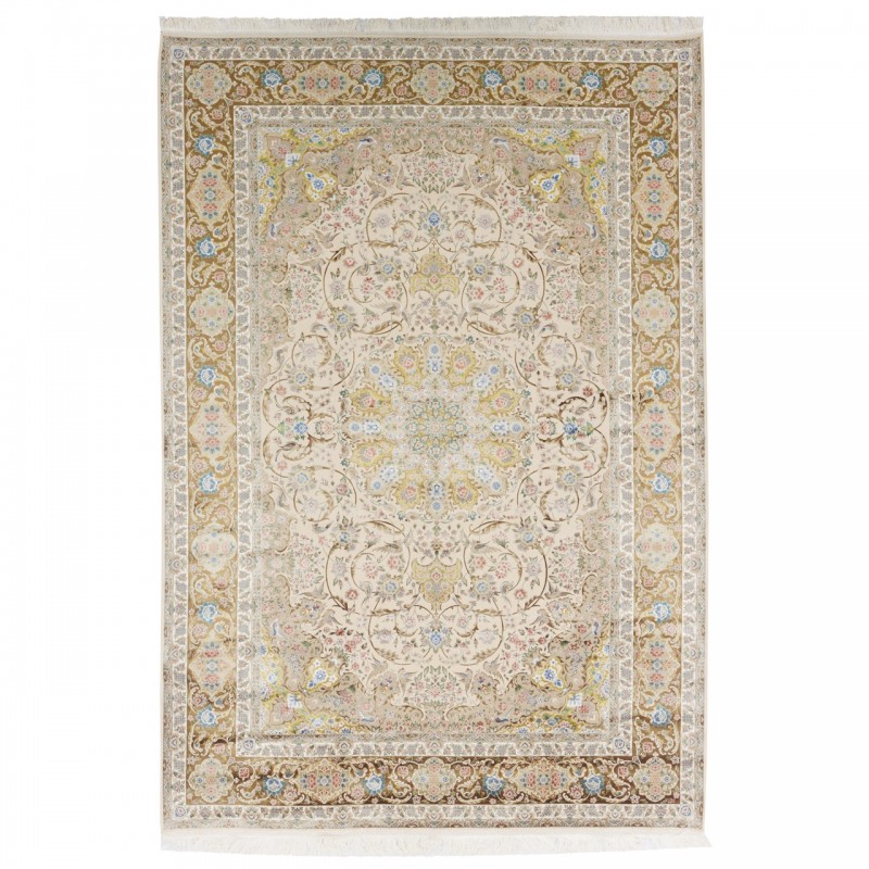 فرش ماشینی طرح لچک ترنج گلدار، اکریلیک + ابریشم بامبو، سبک پارسی، کد 200179