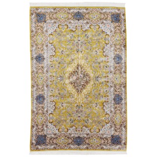 فرش ماشینی طرح ترنج دار گلدار، اکریلیک + ابریشم بامبو، سبک پارسی، کد 200184