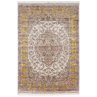 فرش ماشینی طرح لچک ترنج گلدار، اکریلیک + ابریشم بامبو، سبک پارسی، کد 200199