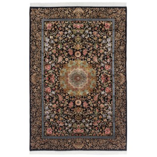 فرش ماشینی طرح ترنج دار گلدار، اکریلیک + ابریشم بامبو، سبک پارسی، کد 200201