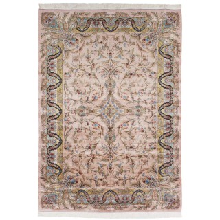 فرش ماشینی طرح لچک ترنج گلدار، اکریلیک + ابریشم بامبو، سبک پارسی، کد 200203