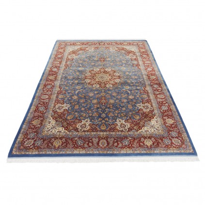 فرش ماشینی طرح لچک ترنج گلدار، ابریشم بامبو، سبک پارسی، کد 800210