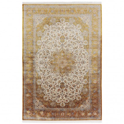 فرش ماشینی طرح لچک ترنج گلدار، ابریشم بامبو، سبک پارسی، کد 800210