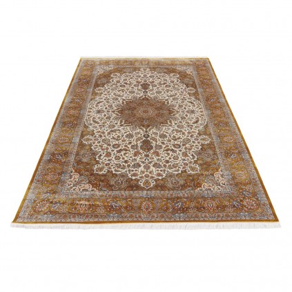 فرش ماشینی طرح لچک ترنج گلدار، ابریشم بامبو، سبک پارسی، کد 800210