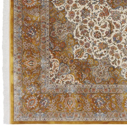 فرش ماشینی طرح لچک ترنج گلدار، ابریشم بامبو، سبک پارسی، کد 800210