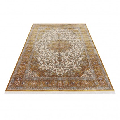 فرش ماشینی طرح لچک ترنج گلدار، ابریشم بامبو، سبک پارسی، کد 800210