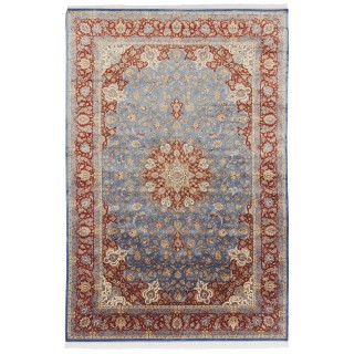 فرش ماشینی طرح لچک ترنج گلدار، ابریشم بامبو، سبک پارسی، کد 800210