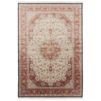 فرش ماشینی طرح لچک ترنج گلدار، ابریشم بامبو، سبک پارسی، کد 800210