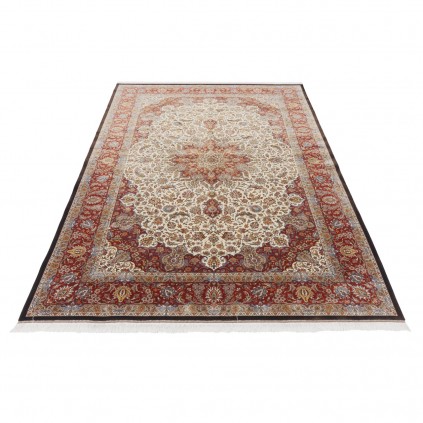 فرش ماشینی طرح لچک ترنج گلدار، ابریشم بامبو، سبک پارسی، کد 800210