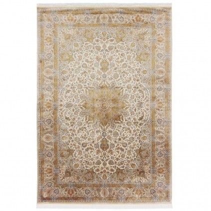 فرش ماشینی طرح لچک ترنج گلدار، ابریشم بامبو، سبک پارسی، کد 800210