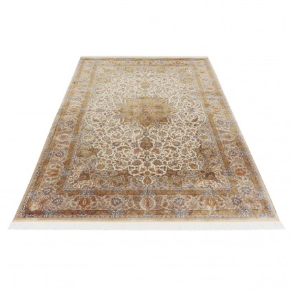 فرش ماشینی طرح لچک ترنج گلدار، ابریشم بامبو، سبک پارسی، کد 800210