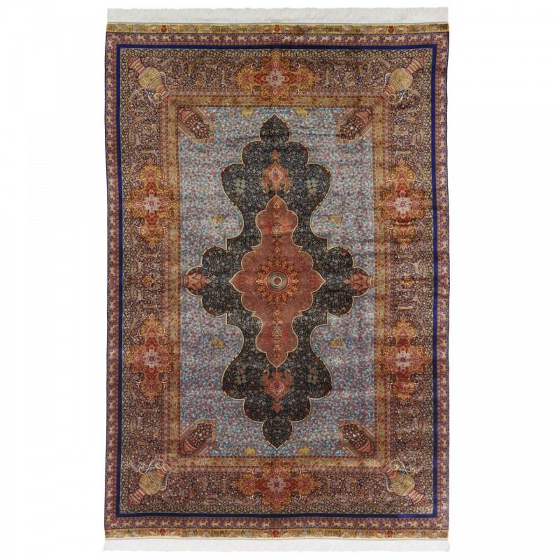 سجادة صناعية بنقشة ترنج مزخرف بالورود، أكريليك مع حرير بامبو، على الطراز الفارسي، رقم 200221