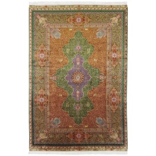 سجادة صناعية بنقشة ترنج مزخرف بالورود، أكريليك مع حرير بامبو، على الطراز الفارسي، رقم 200221