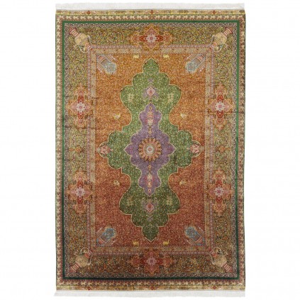 سجادة صناعية بنقشة ترنج مزخرف بالورود، أكريليك مع حرير بامبو، على الطراز الفارسي، رقم 200221