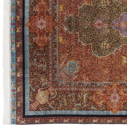 سجادة صناعية بنقشة ترنج مزخرف بالورود، أكريليك مع حرير بامبو، على الطراز الفارسي، رقم 200221