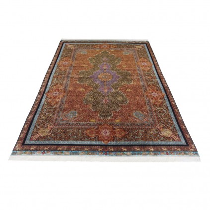 سجادة صناعية بنقشة ترنج مزخرف بالورود، أكريليك مع حرير بامبو، على الطراز الفارسي، رقم 200221