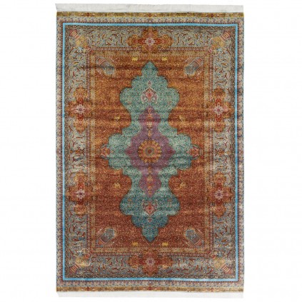 سجادة صناعية بنقشة ترنج مزخرف بالورود، أكريليك مع حرير بامبو، على الطراز الفارسي، رقم 200221