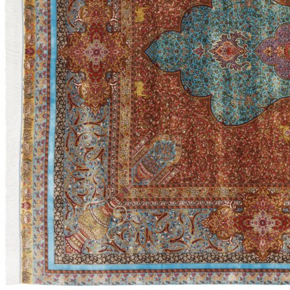 سجادة صناعية بنقشة ترنج مزخرف بالورود، أكريليك مع حرير بامبو، على الطراز الفارسي، رقم 200221