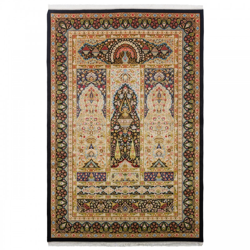 سجادة صناعية بنقشة مؤطر مزخرف بالورود، حرير بامبو، على الطراز الفارسي، رقم 800223