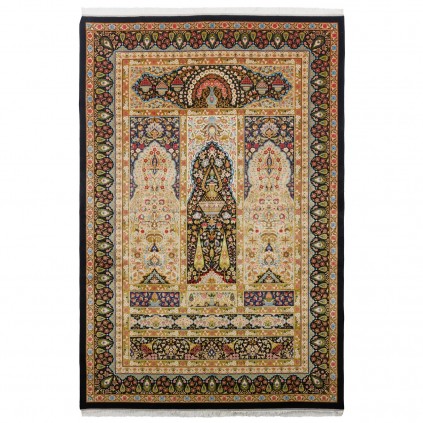 سجادة صناعية بنقشة مؤطر مزخرف بالورود، حرير بامبو، على الطراز الفارسي، رقم 800223