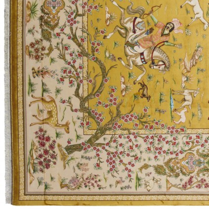 فرش ماشینی طرح سراسر شکارگاه، ابریشم بامبو، سبک پارسی، کد 800226