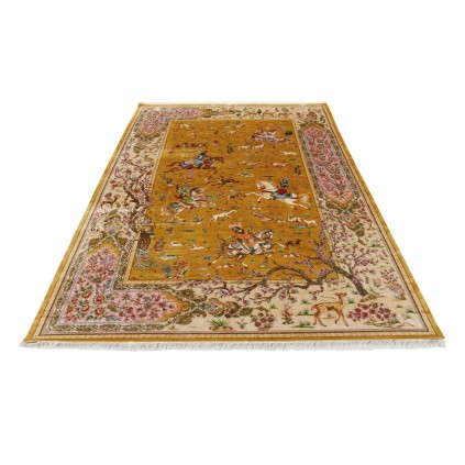 فرش ماشینی طرح سراسر شکارگاه، ابریشم بامبو، سبک پارسی، کد 800226