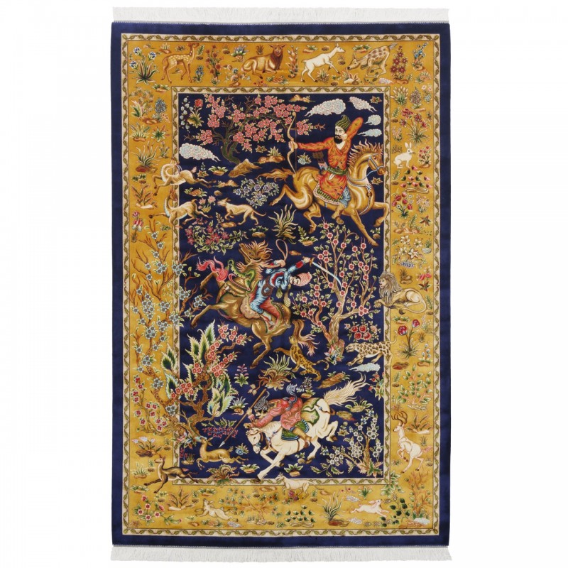 فرش ماشینی طرح سراسر شکارگاه، ابریشم بامبو، سبک پارسی، کد 800230